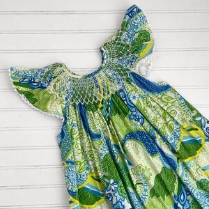 EUC Hand Smocked Floral Paisley Flutter Sleeve Dress w/ Seed Pearl Beading